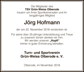 Traueranzeige von Jörg Hofmann von HNA