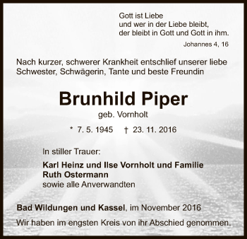 Traueranzeige von Brunhild Piper von HNA