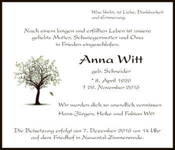 Traueranzeige von Anna Witt von HNA