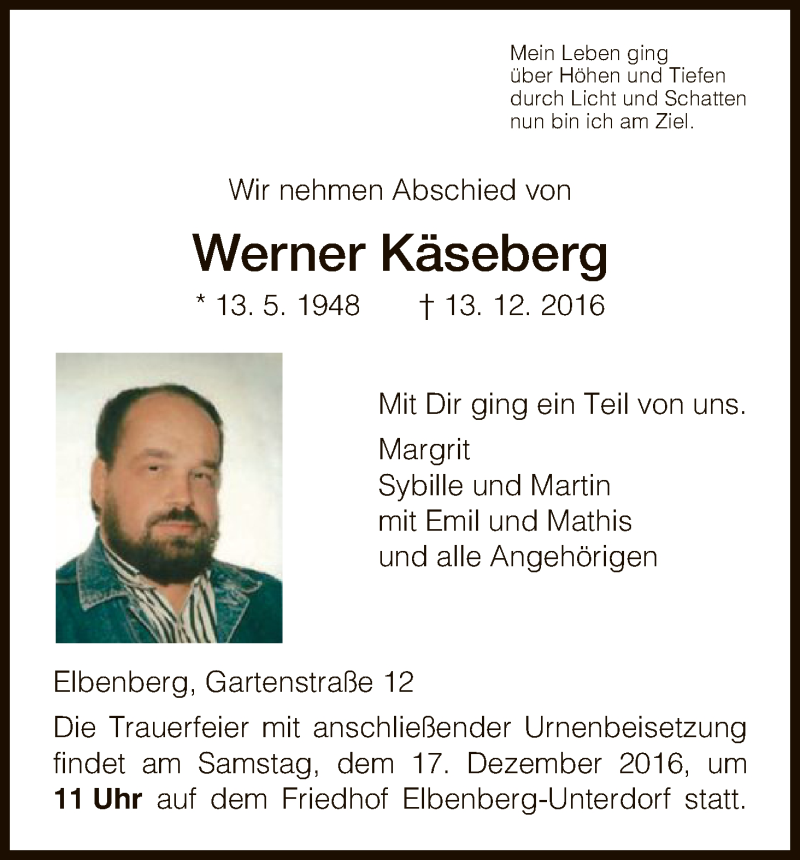 Traueranzeige für Werner Käseberg vom 15.12.2016 aus HNA