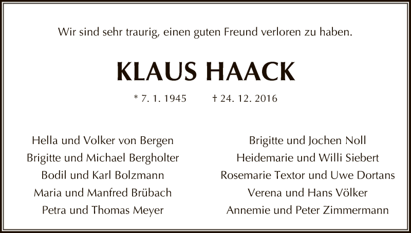  Traueranzeige für Klaus Haack vom 29.12.2016 aus HNA