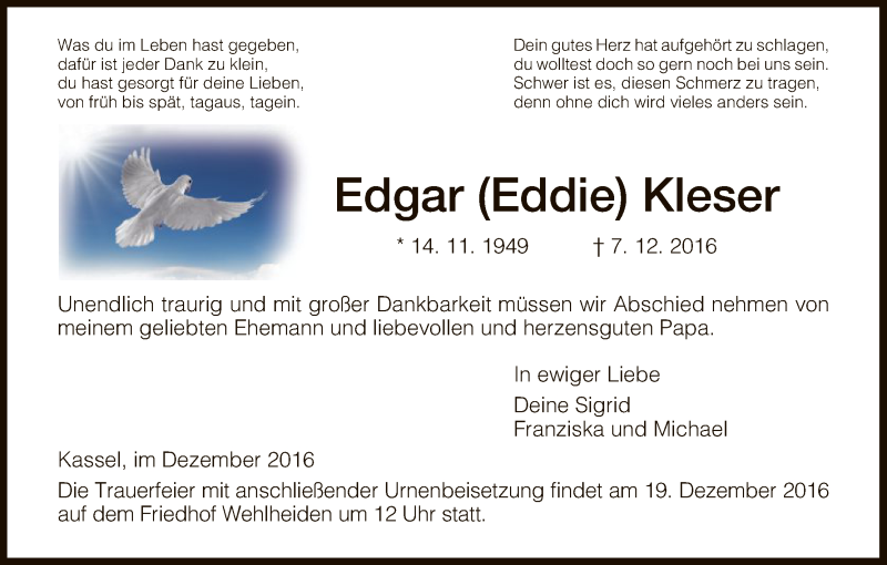  Traueranzeige für Edgar Kleser vom 15.12.2016 aus HNA