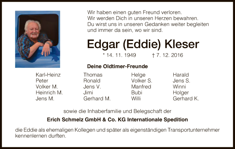  Traueranzeige für Edgar Kleser vom 15.12.2016 aus HNA