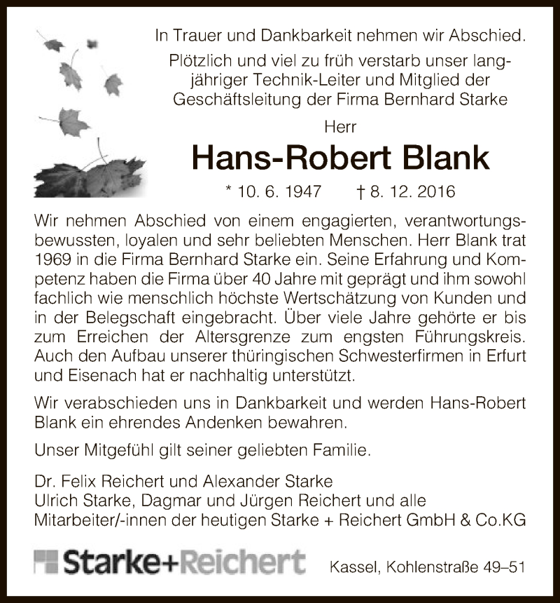  Traueranzeige für Hans-Robert Blank vom 17.12.2016 aus HNA