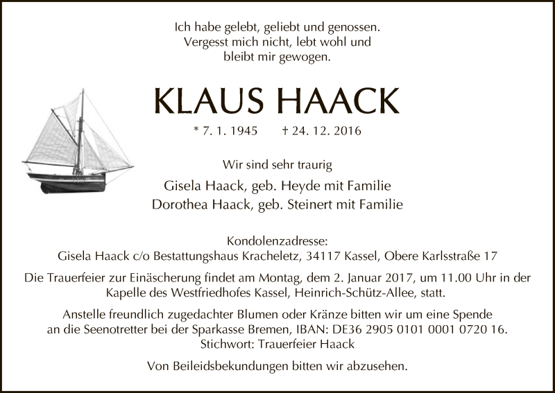  Traueranzeige für Klaus Haack vom 29.12.2016 aus HNA