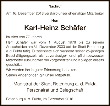 Traueranzeige von Karl-Heinz Schäfer von HNA
