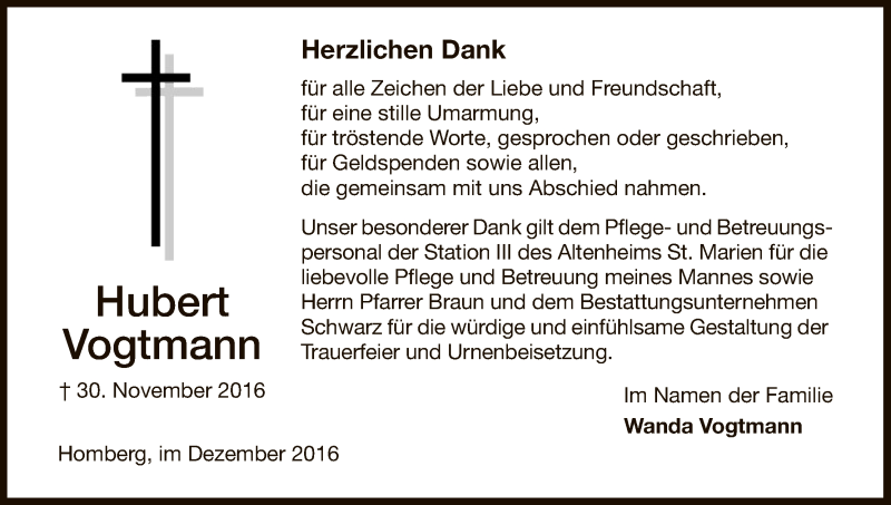  Traueranzeige für Hubert Vogtmann vom 30.12.2016 aus HNA
