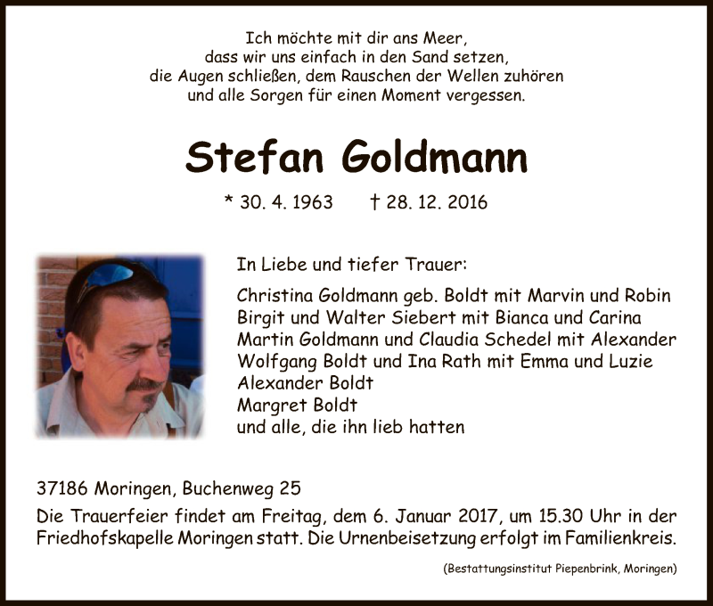  Traueranzeige für Stefan Goldmann vom 31.12.2016 aus HNA