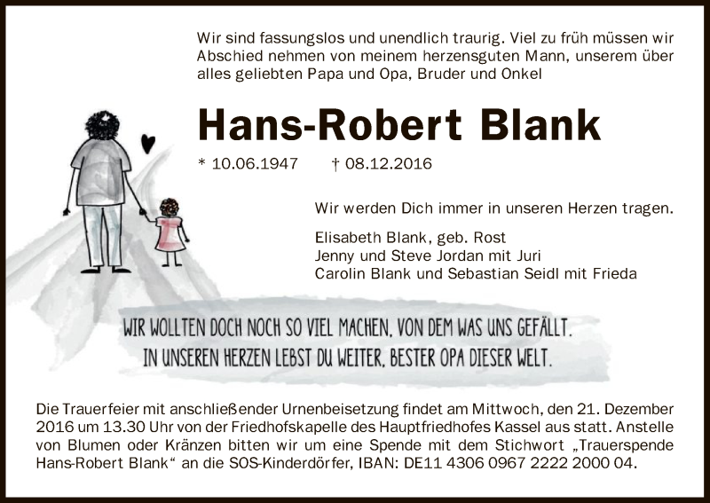  Traueranzeige für Hans-Robert Blank vom 17.12.2016 aus HNA