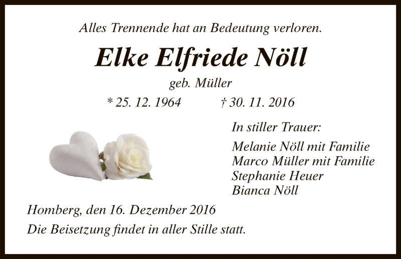  Traueranzeige für Elke Elfriede Nöll vom 16.12.2016 aus HNA