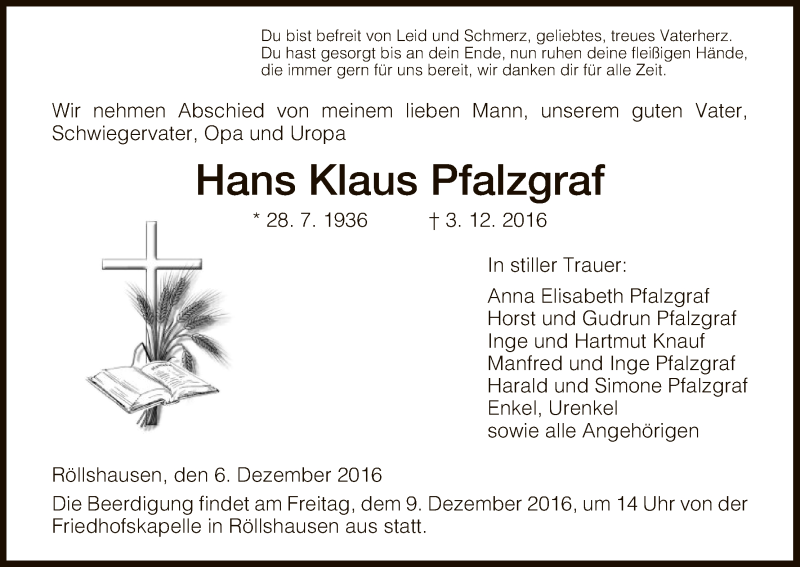  Traueranzeige für Hans Klaus Pfalzgraf vom 06.12.2016 aus HNA
