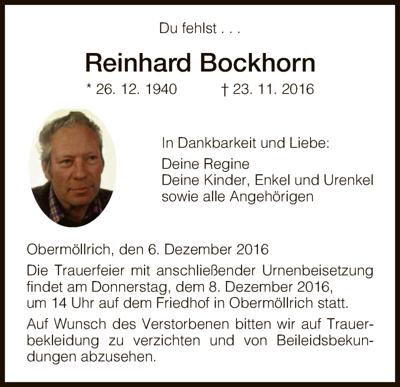  Traueranzeige für Reinhard Bockhorn vom 06.12.2016 aus HNA
