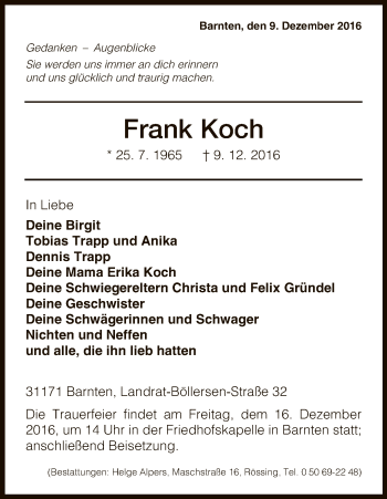 Traueranzeige von Frank Koch von HNA