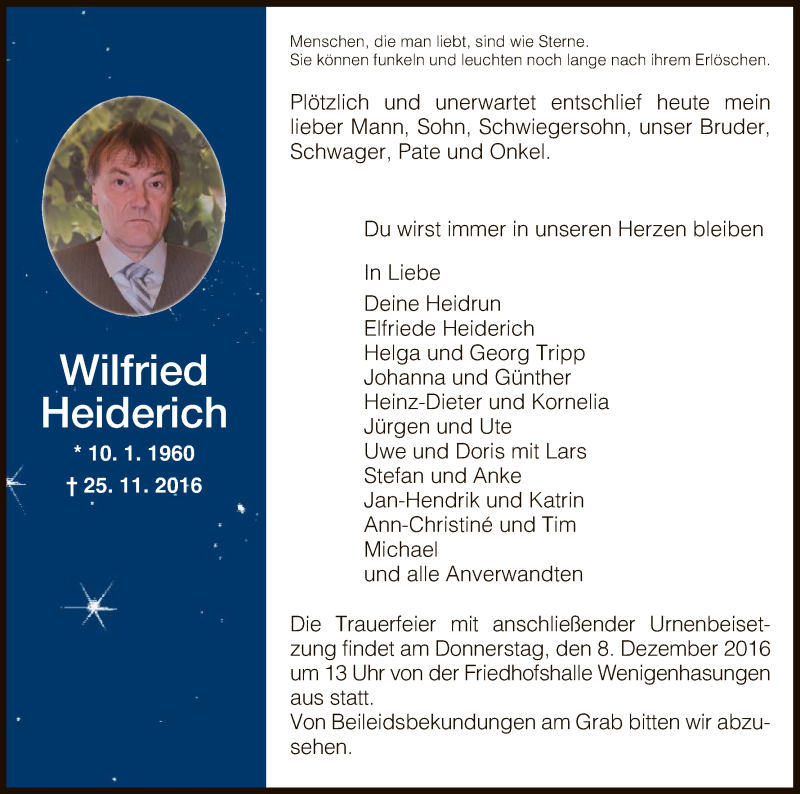  Traueranzeige für Wilfried Heiderich vom 03.12.2016 aus HNA