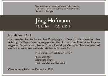 Traueranzeige von Jörg Hofmann von HNA