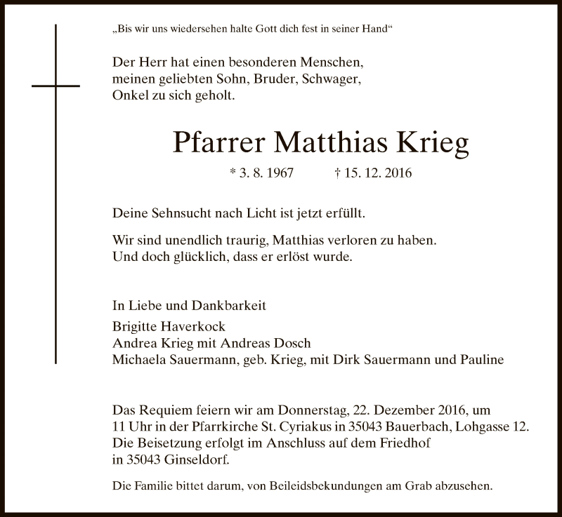  Traueranzeige für Matthias Krieg vom 19.12.2016 aus HNA