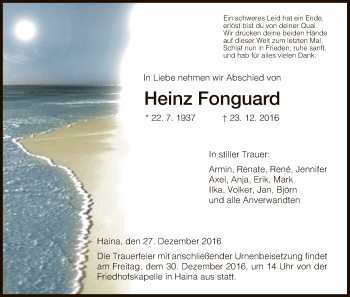 Traueranzeige von Heinz Fonguard von HNA