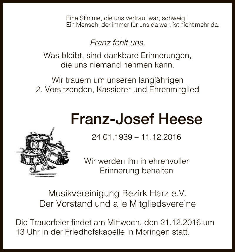  Traueranzeige für Franz-Josef Heese vom 17.12.2016 aus HNA