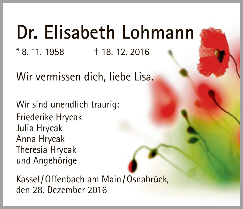  Traueranzeige für Elisabeth Lohmann vom 28.12.2016 aus HNA