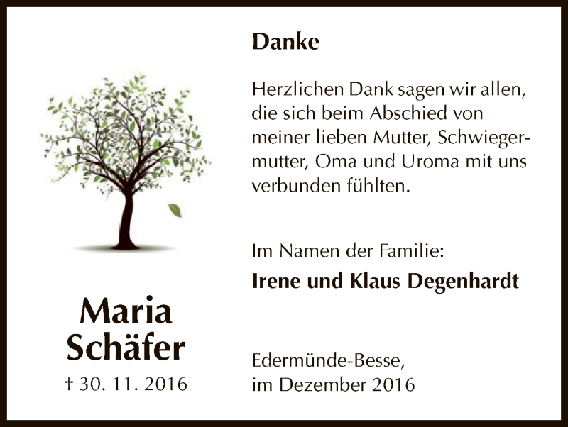  Traueranzeige für Maria Schäfer vom 17.12.2016 aus HNA