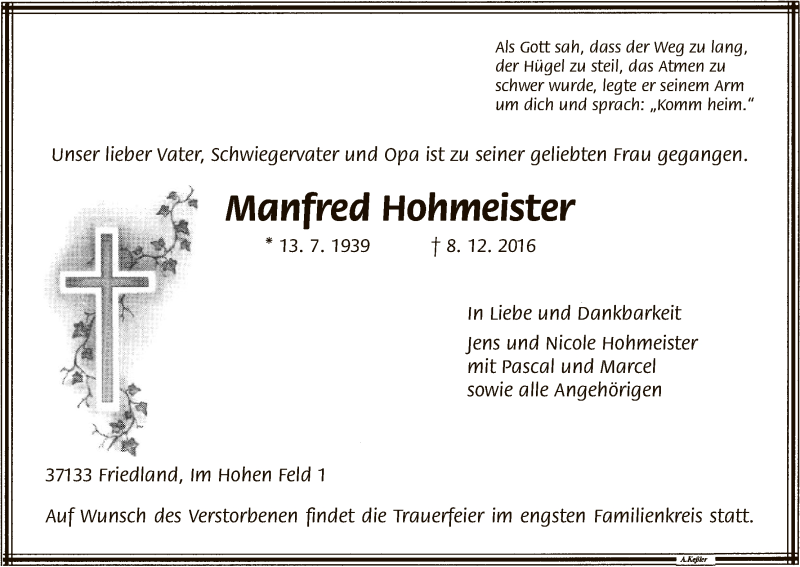  Traueranzeige für Manfred Hohmeister vom 10.12.2016 aus HNA