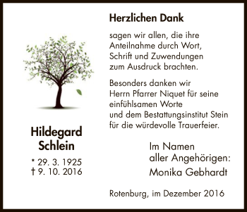 Traueranzeige von Hildegard Schlein von HNA