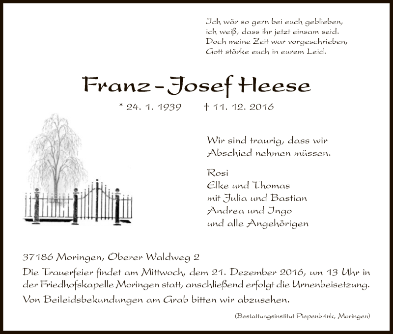  Traueranzeige für Franz-Josef Heese vom 17.12.2016 aus HNA