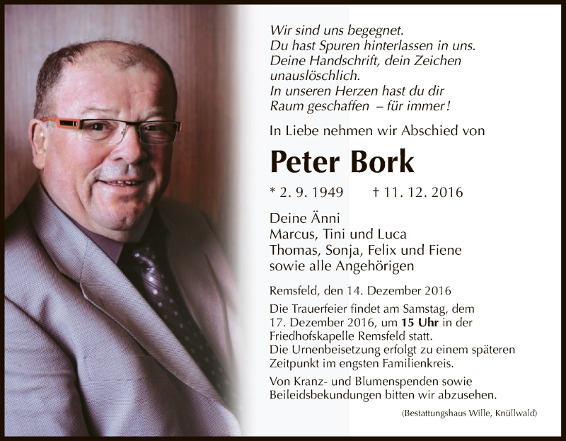  Traueranzeige für Peter Bork vom 14.12.2016 aus HNA
