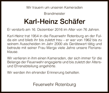Traueranzeige von Karl-Heinz Schäfer von HNA