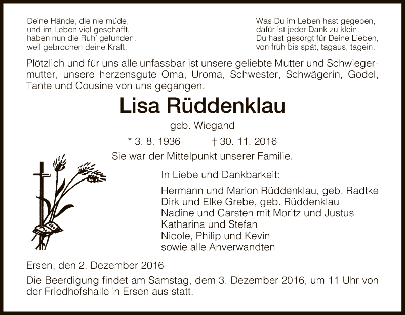  Traueranzeige für Lisa Rüddenklau vom 02.12.2016 aus HNA