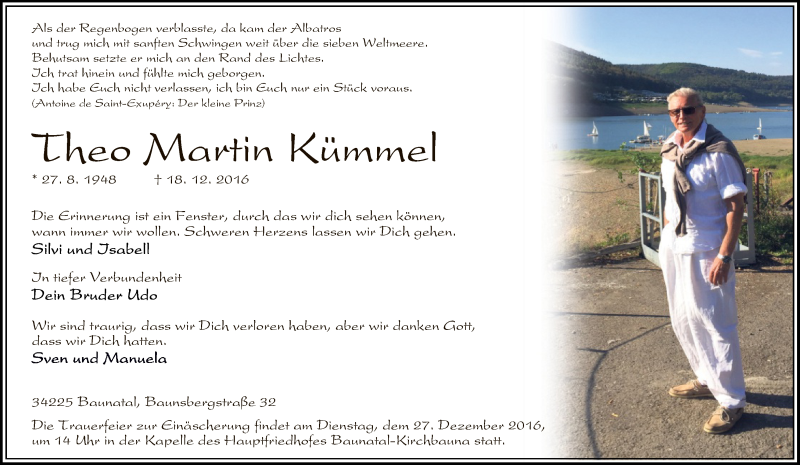  Traueranzeige für Theo Martin Kümmel vom 24.12.2016 aus HNA