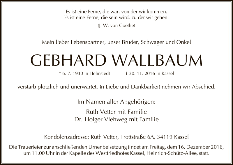  Traueranzeige für Gebhard Wallbaum vom 13.12.2016 aus HNA