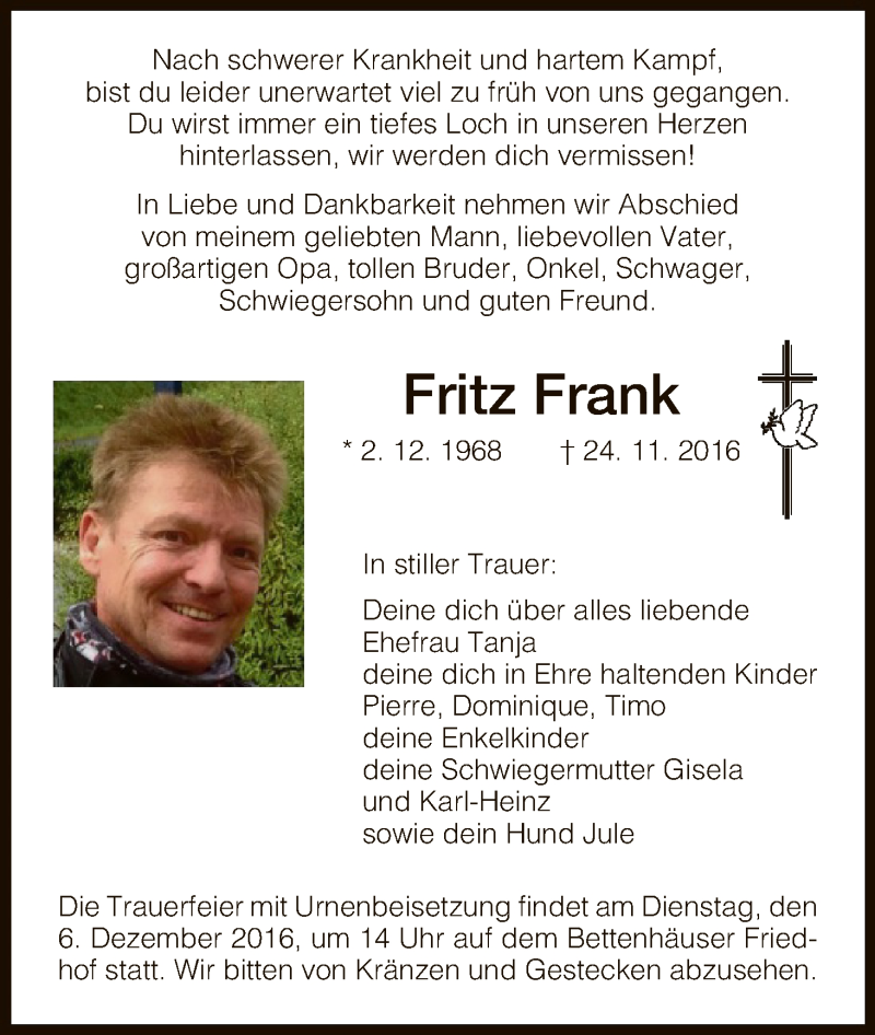 Traueranzeige für Fritz Frank vom 02.12.2016 aus HNA