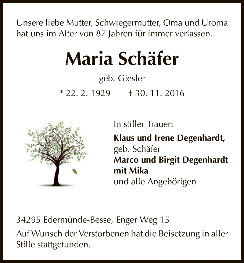  Traueranzeige für Maria Schäfer vom 10.12.2016 aus HNA