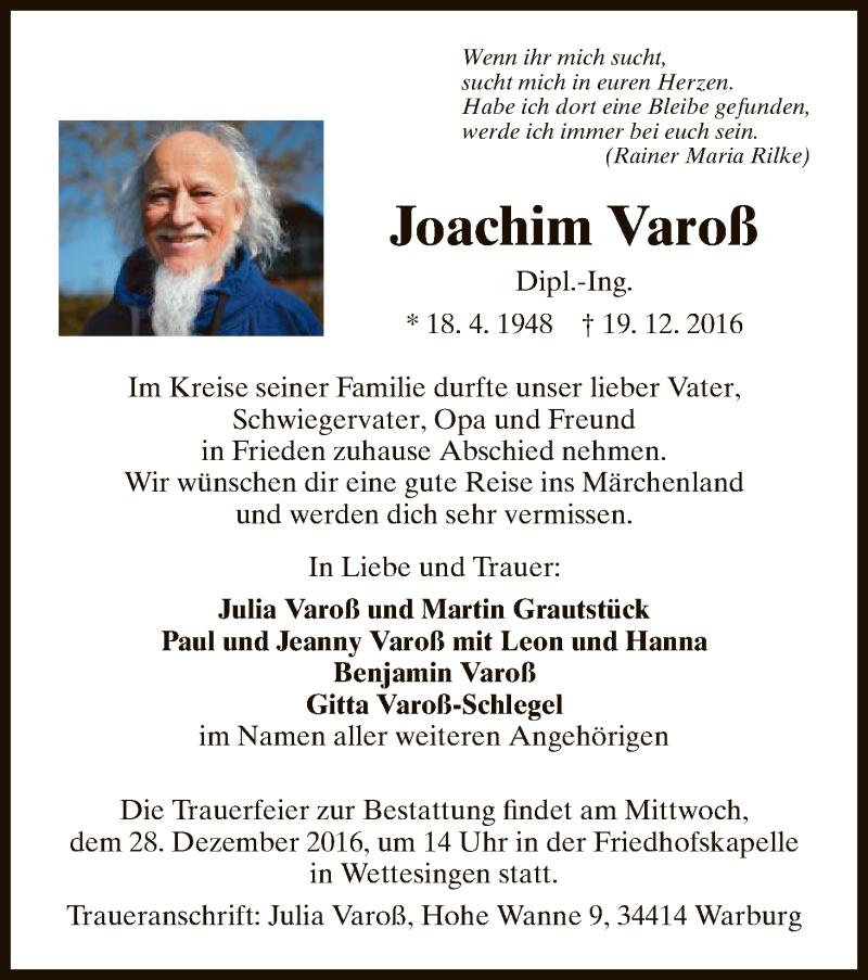  Traueranzeige für Joachim Varoß vom 24.12.2016 aus HNA