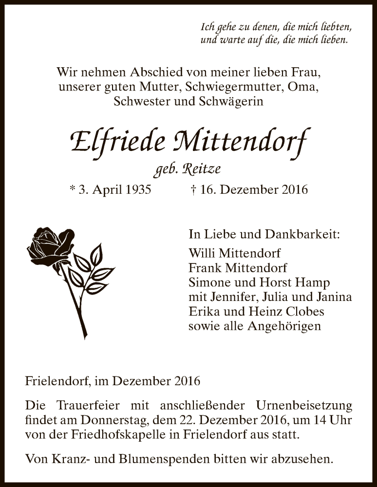  Traueranzeige für Elfriede Mittendorf vom 19.12.2016 aus HNA