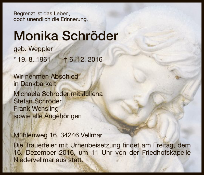  Traueranzeige für Monika Schröder vom 12.12.2016 aus HNA