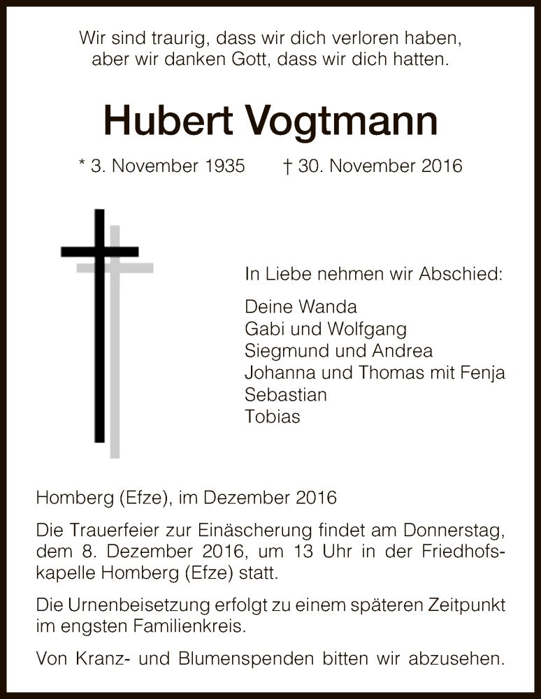  Traueranzeige für Hubert Vogtmann vom 05.12.2016 aus HNA