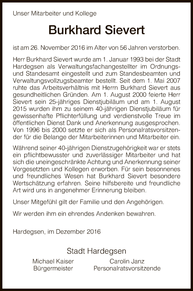  Traueranzeige für Burkhard Sievert vom 07.12.2016 aus HNA