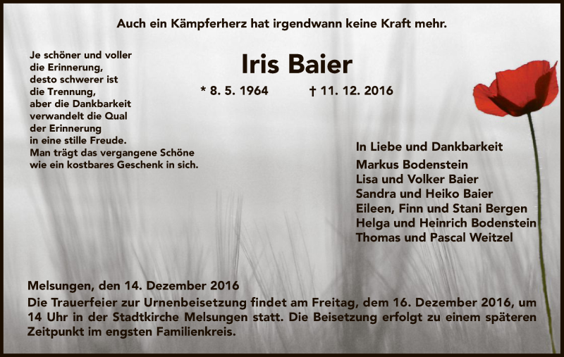  Traueranzeige für Iris Baier vom 14.12.2016 aus HNA