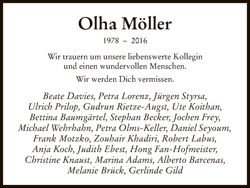  Traueranzeige für Olha Möller vom 03.12.2016 aus HNA