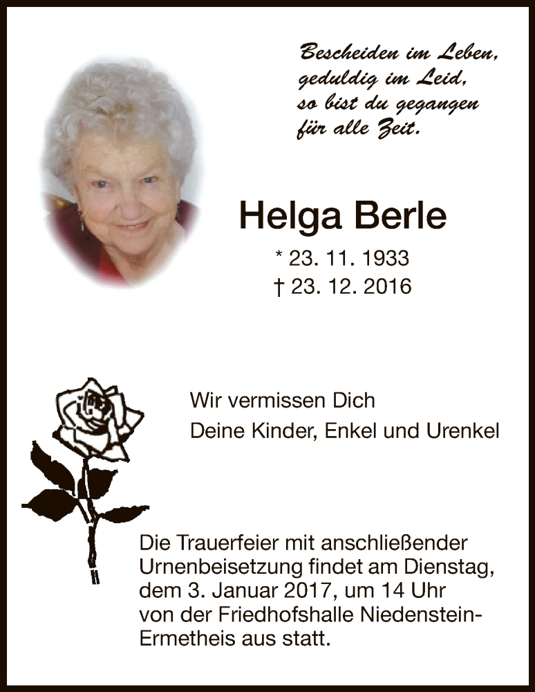  Traueranzeige für Helga Berle vom 31.12.2016 aus HNA