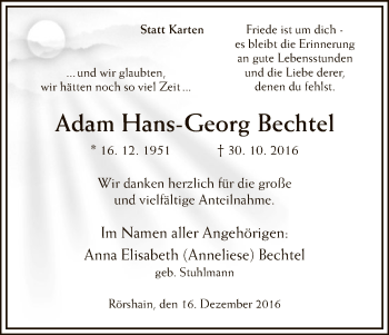 Traueranzeige von Adam Hans-Georg Bechtel von HNA