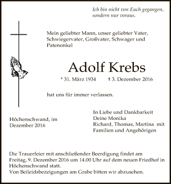 Traueranzeige von Adolf Krebs von HNA
