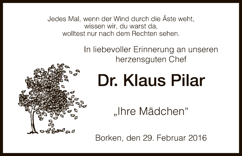  Traueranzeige für Klaus Pilar vom 29.02.2016 aus HNA