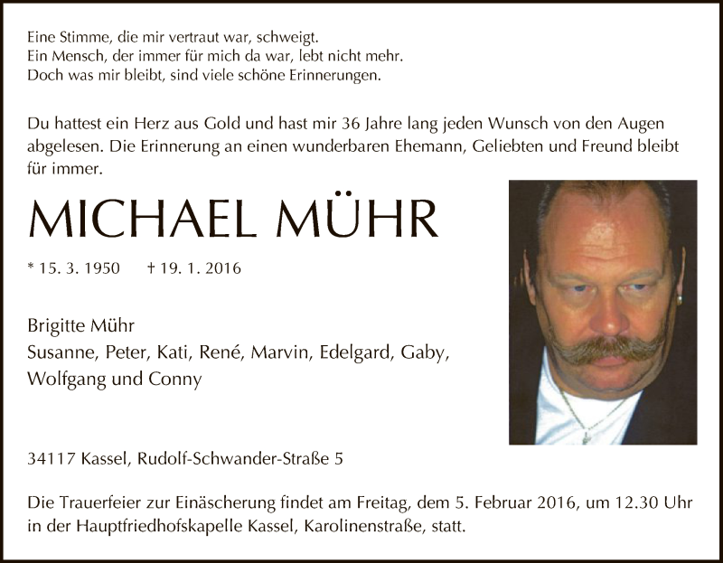  Traueranzeige für Michael Mühr vom 03.02.2016 aus HNA