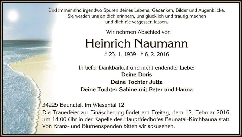  Traueranzeige für Heinrich Naumann vom 10.02.2016 aus HNA