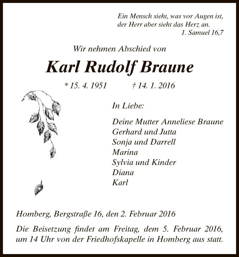  Traueranzeige für Karl Rudolf Braune vom 02.02.2016 aus HNA