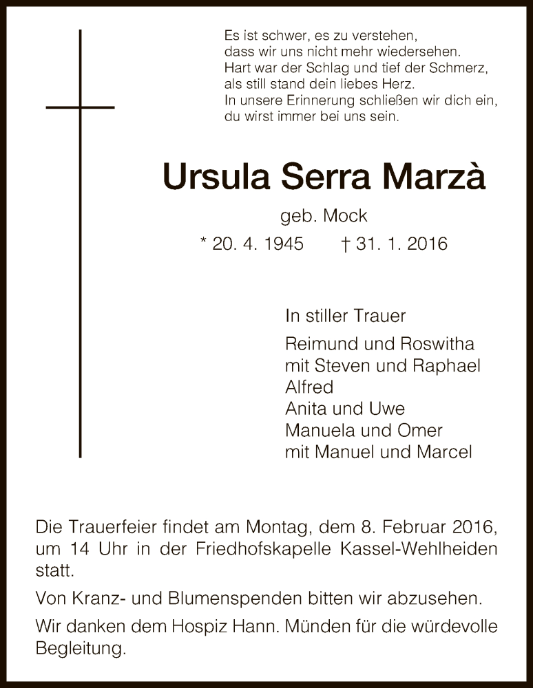  Traueranzeige für Ursula Serra Marza vom 05.02.2016 aus HNA