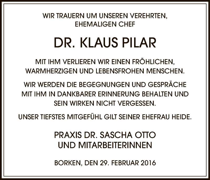  Traueranzeige für Klaus Pilar vom 29.02.2016 aus HNA